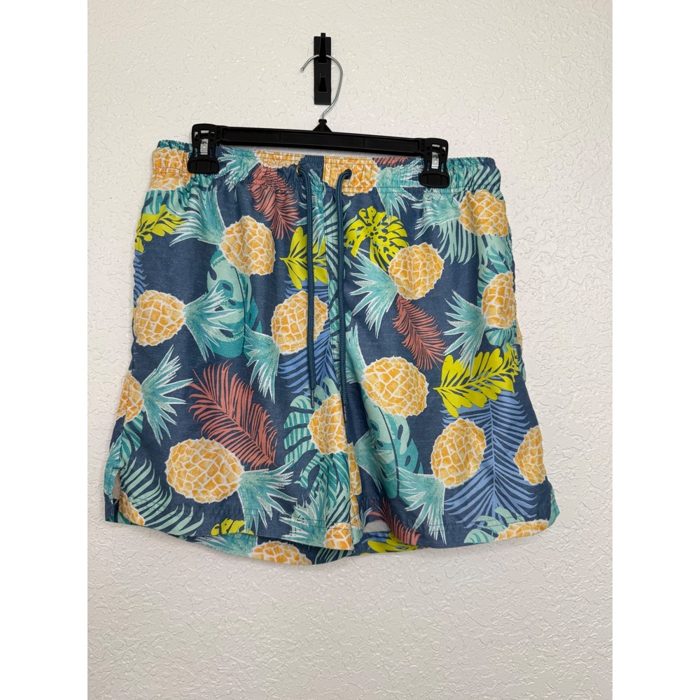 George Mens Pineapple Tropical Print Swim Trunks Blue Yellow Medium 32-34